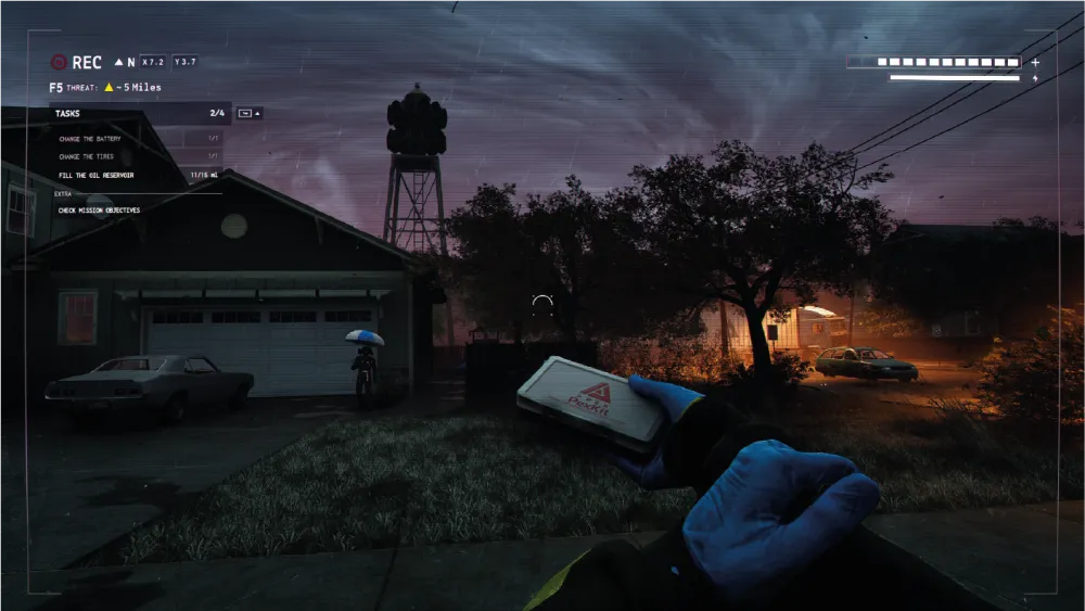 Official Funnel Runners gameplay showing a player checking the task list in stormy suburbs.