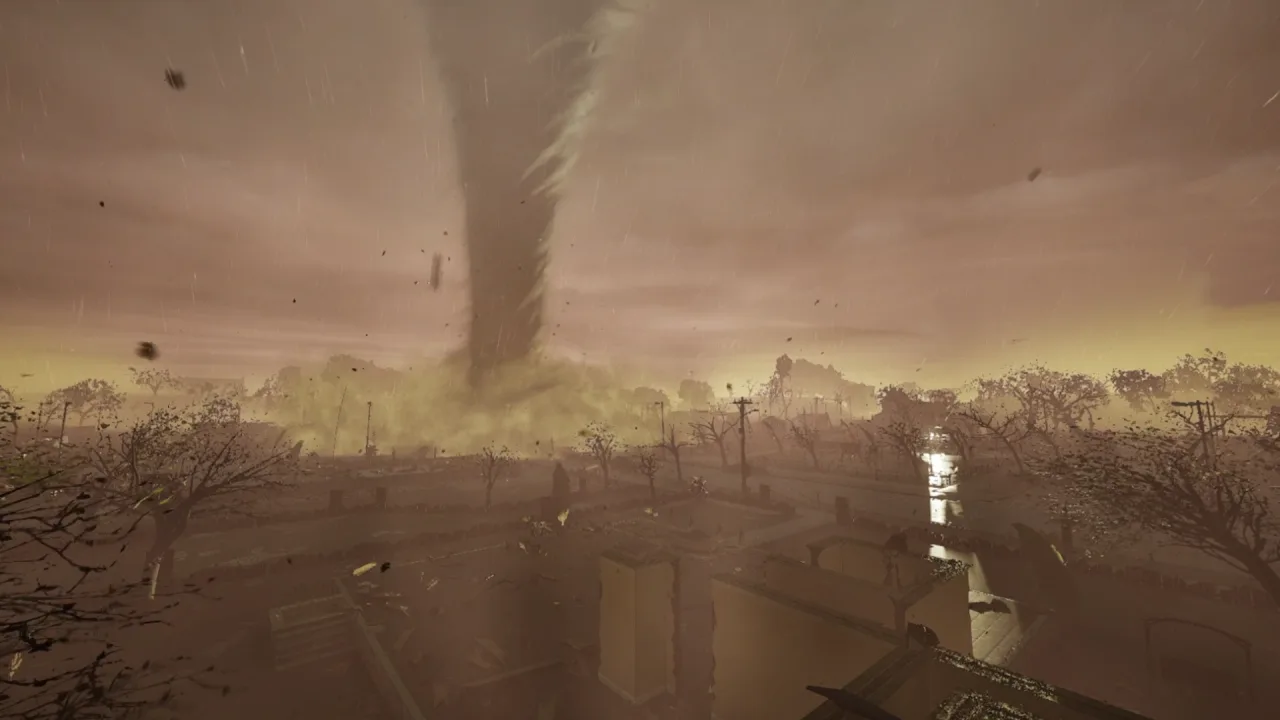 Official Funnel Runners screenshot of a tornado crossing a damaged town.